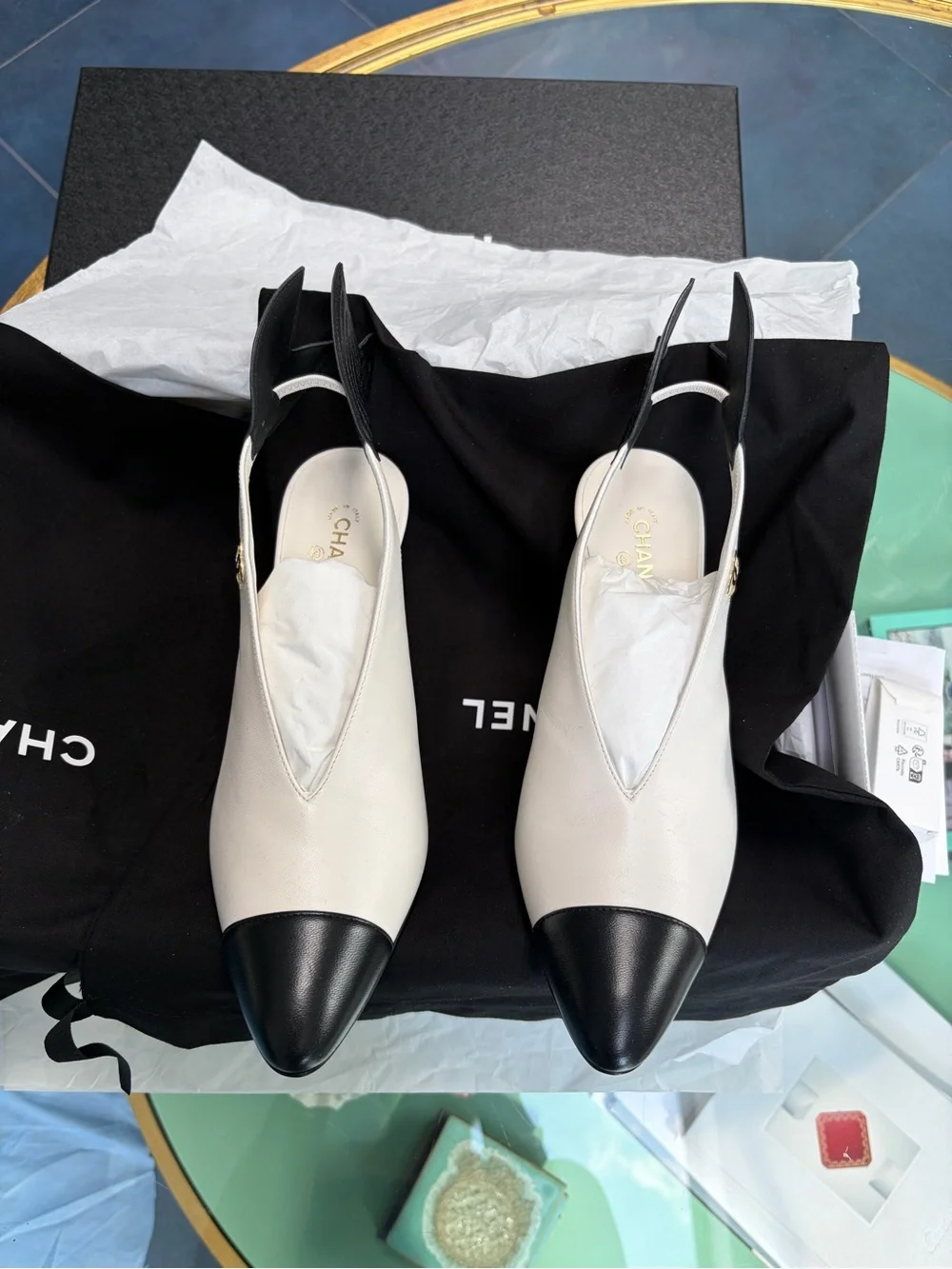 26A  Chanel Slingback  with Wings Lambskin  White & Black Size 38.5 New/receipt